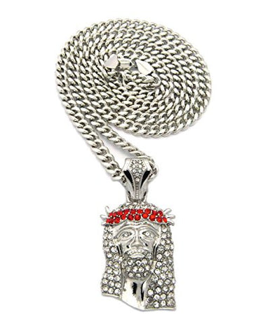 Red Stone Stud Jesus Face Pendant 2.5mm 24" Cuban Link Chain Necklace in Silver-Tone