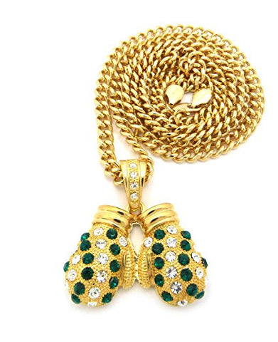 Rhinestone Studded Boxing Gloves Pendant 6mm 36" Cuban Link Chain Necklace - Green/Gold-Tone