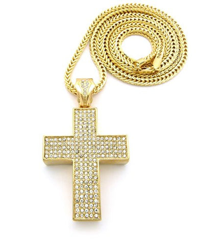 Thick Cross Block Paved Pendant w/ 4mm 36" Franco Chain - Gold Tone XP670G