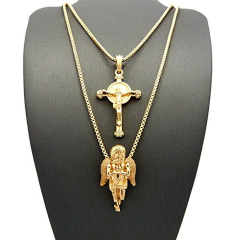 Celtic Cross with Solid Praying Angel Pendant Box Chain Necklace