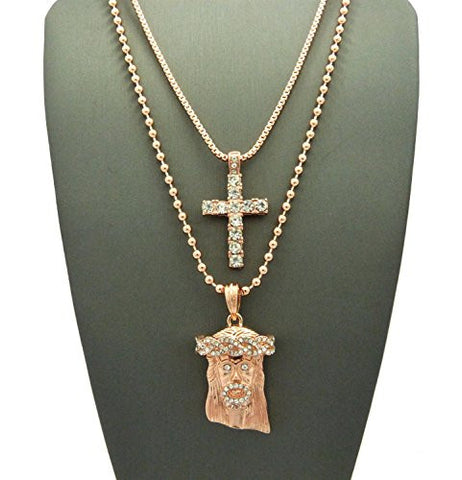 Stone Stud Single Row Cross & Micro Jesus Face Pendant Set Multi Chain Necklaces in Rose Gold-Tone