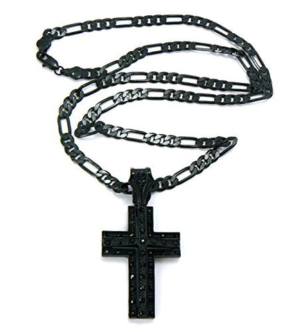 Jet Black Mini Elevated Cross Pendant w/ 5mm 24" Figaro Chain