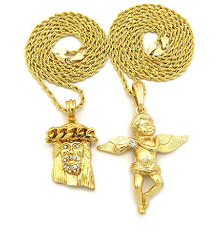 Crowned Pave Jesus & Solitaire Cherub Micro Pendant Set with 24" 30" Rope Chains - Gold-Tone