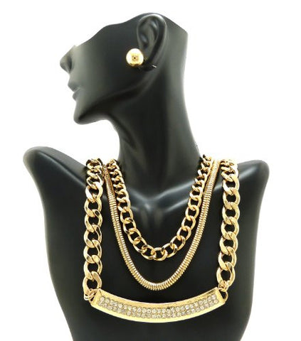 Rhineston ID Pendant 3 Piece Chain Necklace Set with Ball Earrings in Gold-Tone