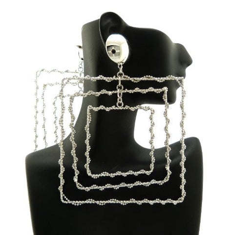 Big Bead Chain Wrap Square Chandelier Drop Earrings in Silver-Tone