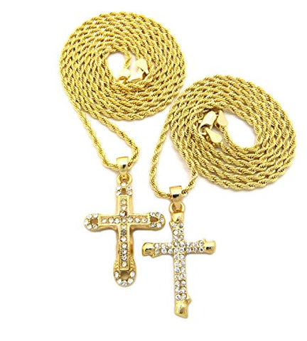 Royal, Solid Tip Cross 2 Piece Pave Micro Pendant Necklace Set with 24" 30" Rope Chain - Gold-Tone