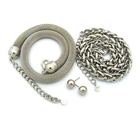 Women's Mesh Chain & Ponytail Chain Necklace Set with Ball Earrings in Silver-Tone