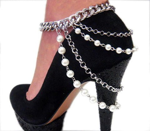 Stunning Silver Tone Faux Pearl Multiple Links Adjustable Heel Chain IHN1002R