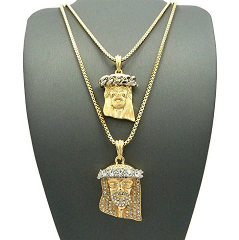 Silver-Tone Cuban Crown & 3D Stone Crown Jesus Pendant Set 2mm 24" & 30" Box Chains in Gold-Tone