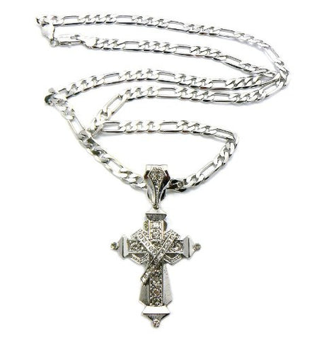Silver Tone Byzantine Style Cross Pendant 24" Figaro Chain Necklace