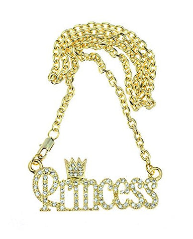 Stone Studded Princess With Crown Pendant Fashion Necklace in Gold-Tone