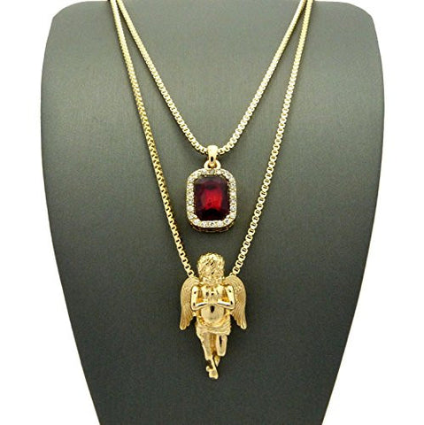 Faux Ruby Stone & Solid Praying Angel Pendant Set 2mm 24" & 30" Box Chain Necklace in Gold-Tone