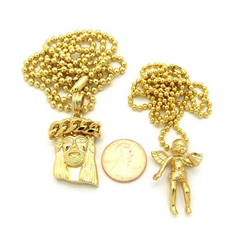 Plain Jesus & Flying Cherub Micro Pendant Set with 24" 27" Ball Chain Necklaces - Gold-Tone RC479G