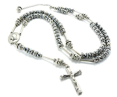 Praying Hands Crucifix Cross Pendant 39" Glass Beads Rosary Necklace - Silver-Tone HR200S