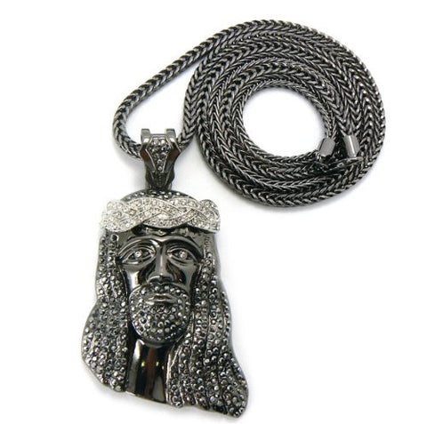 Iced Out Crown of Thorns Jesus Pendant with 36" Franco Chain Necklace - Hematite/Silver-Tone MP424TR