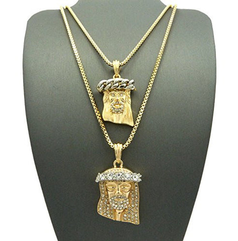 Silver-Tone Cuban Crown Stud & 3D Stone Crown Jesus Pendant Set 2mm 24" & 30" Box Chains in Gold-Tone