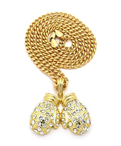 Paved Boxing Gloves Pendant with 5mm 24" Cuban Link Chain Necklace in Gold-Tone
