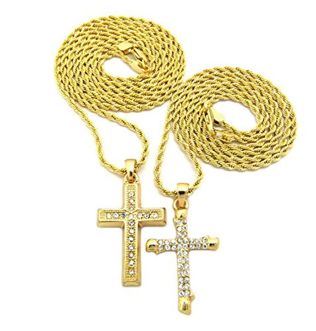Block, Solid Tip Cross 2 Piece Pave Micro Pendant Necklace Set with 24" 30" Rope Chain