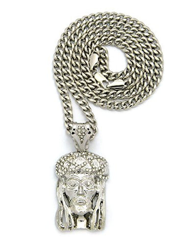 Paved Crown of Thorns Jesus Pendant with 24" Cuban Chain Necklace - Silver-Tone XZ2RCC