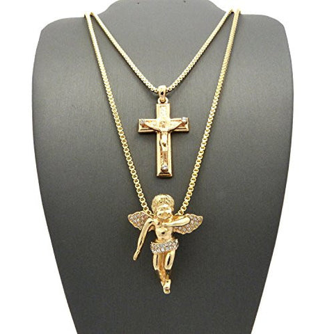 Stone Stud Crucifix Jesus Cross & Pave Floating Angel 24" 30" Box Chain Necklace Set in Gold-Tone
