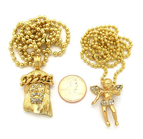 Pave Jesus & Flying Angel Micro Pendant Set with 24" 27" Ball Chain Necklaces - Gold-Tone RC481G