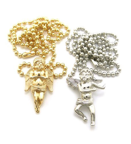 Solid Gold-Tone Praying Cherub & Silver-Tone Dancing Angel Micro Pendant Set 3mm 27" Ball Chains