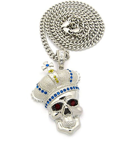 Royal Crown Skull Head Pendant with 6mm 36" Cuban Link Chain - Blue/Yellow/Silver-Tone