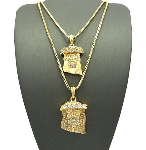 Stone Studded Crown & 3D Stone Crown Jesus Pendant Set 2mm 24" & 30" Box Chains in Gold-Tone