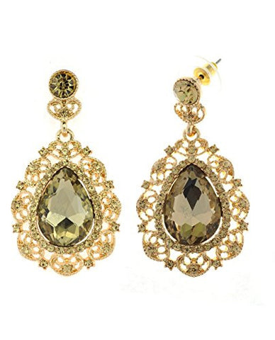 Women's Filigree Brown Teardrop Stone Dangling Earrings in Gold-Tone