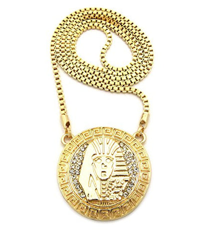 Iced Out Phraoh Medal Pendant 3mm 30" Box Chain Necklace in Gold-Tone
