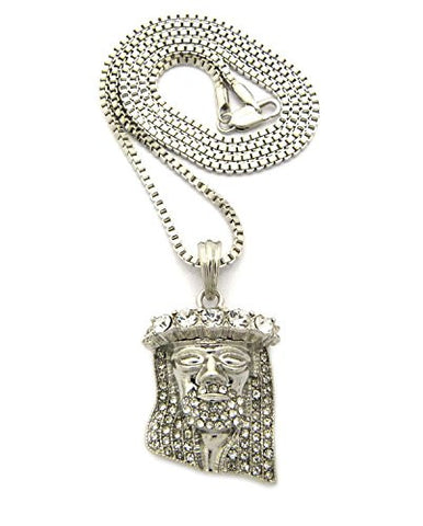 Stone Crown Pave Jesus Pendant 2mm 30" Box Chain Necklace in Silver-Tone