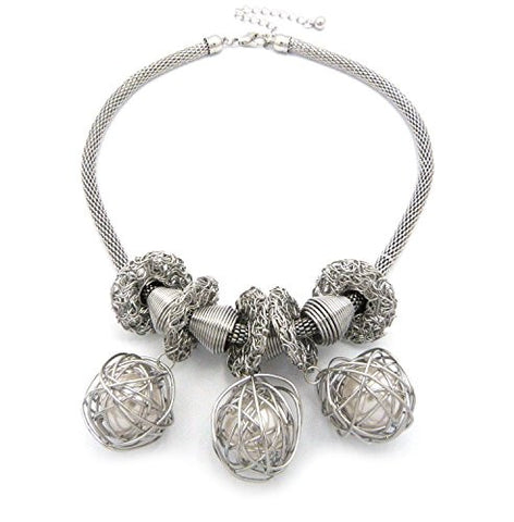 Unique Nest Pearl Charm 16" + Extension Mesh Chain Necklace in Silver-Tone