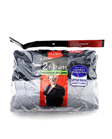 Hanes Men's 2 Pack ComfortSoft Lay Flat Collar Tagless T-Shirts-Black/Grey-S