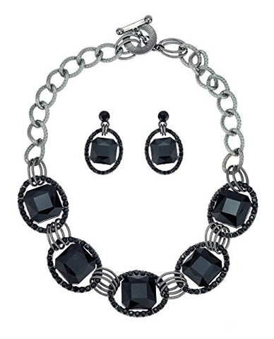 Encircled Radiant Cut Black Stone Necklace and Earrings Jewelry Set