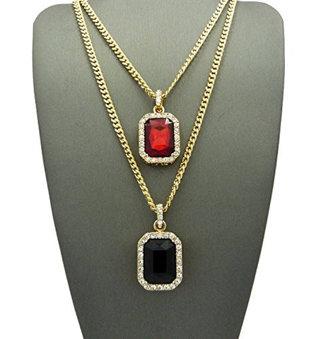Faux Ruby & Faux Onyx Stone Pendant Set w/ 3mm 24" & 30" Concave Cuban Chains in Gold-Tone