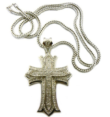 Silver Tone Paved Golthic Style Cross Pendant w/ 4mm 36" Franco Chain MP481R