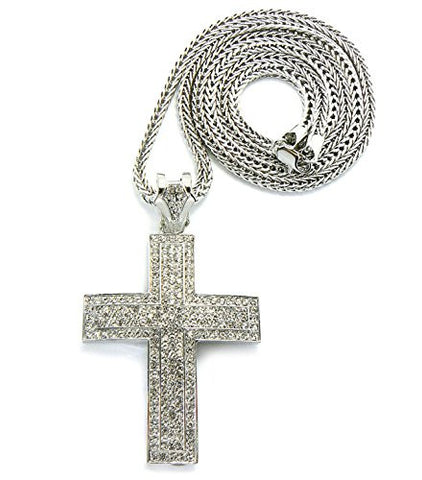 Iced Out 5 Row Thick Cross Pendant with 36" Franco Chain Necklace - Silver-Tone MP536R
