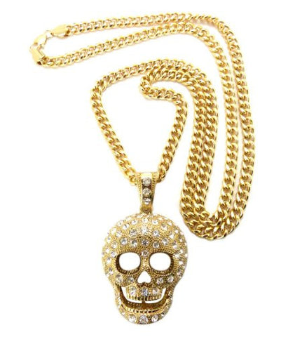 Rhinestone Skull Head Pendant in Gold Tone w/ 36" Miami Cuban Chain CP23G
