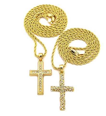 Block, Diagonal Pave Cross 2 Piece Micro Pendant Necklace Set with 24" 30" Rope Chain