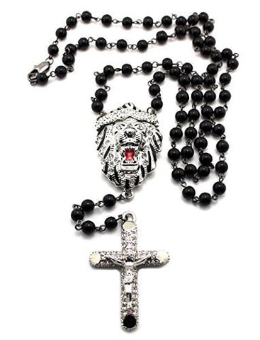 Iced Out Lion Head and Crucifix Cross Pendant with Bead Rosary Chain Necklace - Silver-Tone XC290R