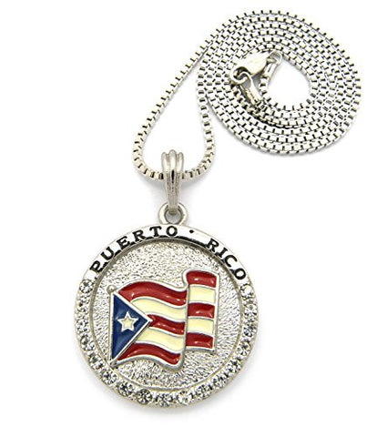 Flag of Puerto Rico Pride Rhinestone Medal Pendant 24" Box Chain Necklace - Silver-Tone XSP085RBX