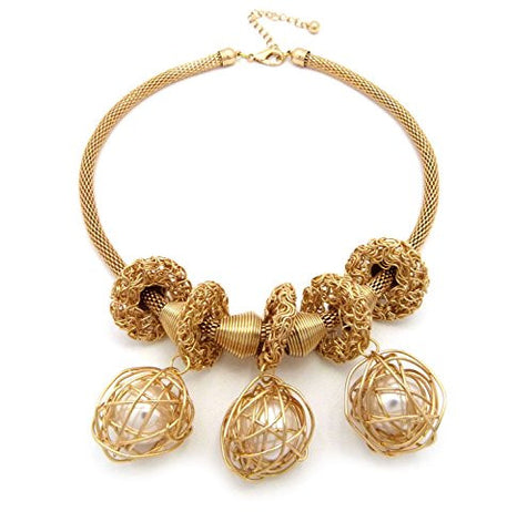 Unique Nest Pearl Charm 16" + Extension Mesh Chain Necklace in Gold-Tone