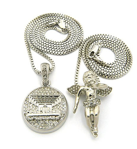 Paved Last Supper and Floating Angel Micro Pendant Set with 24" 30" Box Chain Necklace - Silver-Tone