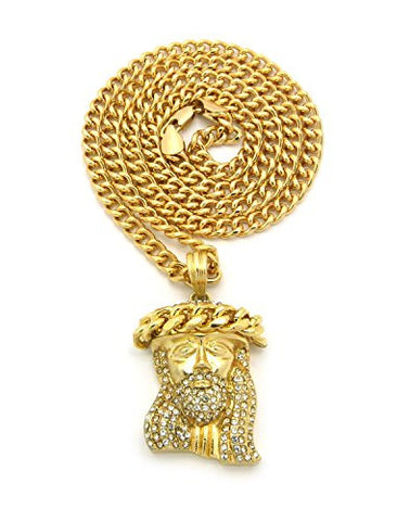 Paved Crowned Jesus Mini Pendant with 24" Cuban Link Chain Necklace in Gold-Tone RC559G