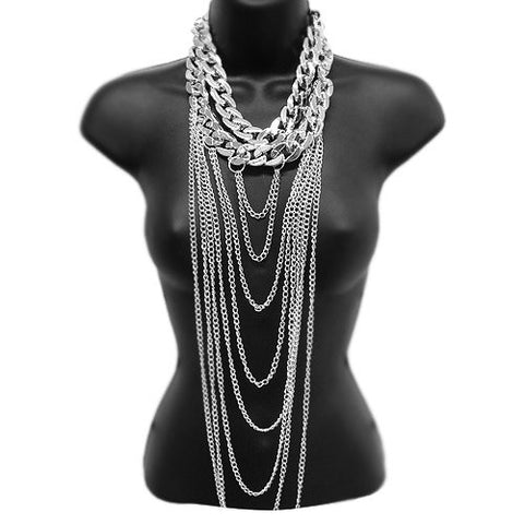 Double Layer Silver Color Curb Chain Drop Strand Necklace Fashion Body Chain 20mm 13" & 14" Main Chain RN1037RD