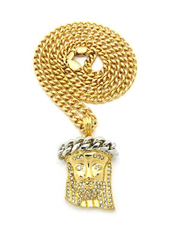 New Rhinestone Jesus Pendant with 4mm 24" Cuban Link Chain Necklace in Gold/Silver-Tone