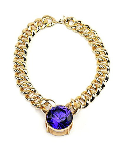 Very Big 40mm Diamond-Shape Rhinestone Pendant 20mm 18" Chain Necklace - Blue/Gold-Tone