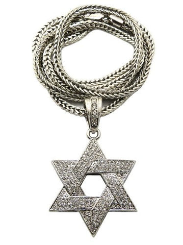 Paved Silver Tone Star of David Pendant w/ 4mm 36" Franco Chain MP306R
