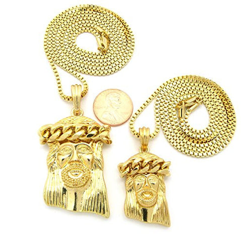 Polished Thick Crown Jesus Multi-Size Pendant Set with Box Chain Necklaces in Gold-Tone RC494G