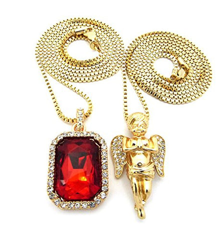 Micro Faux Ruby Stone & Pave Praying Angel Pendant 2mm 30" Box Chain Necklace Set - Gold-Tone